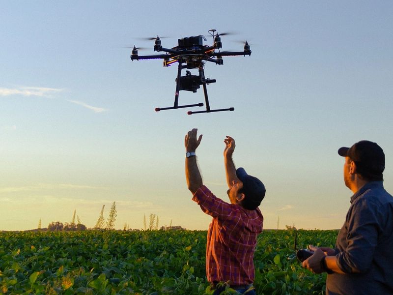 Veteran flying drone over farmland